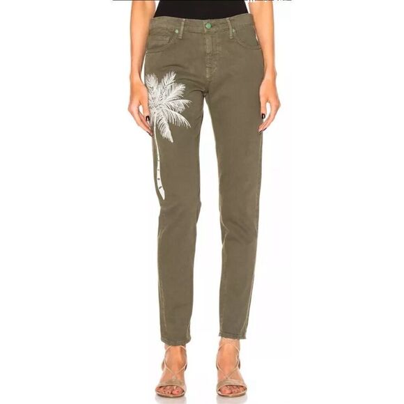 Sandrine Rose Jeans Green Skinny Midrise Boyfriend Pants Palm Tree - Picture 1 of 10